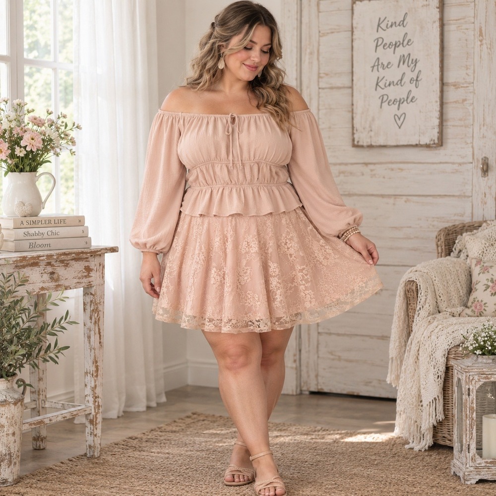 Bella + Me AND Avidlove Peach 2 Piece Set XL Lace Skirt Smocked Off Shoulder Top